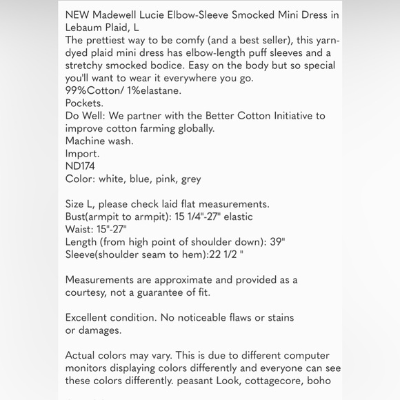 NEW Madewell Lucie Elbow-Sleeve Smocked Mini Dress in Lebaum Plaid, L - Picture 6 of 6